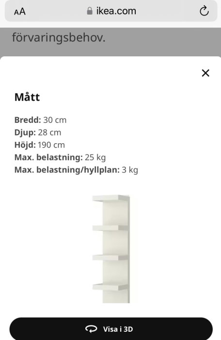 Vit vägghylla, dimensioner angivna, maximal belastning specificerad, IKEA-produkt, möjlighet till 3D-visning.