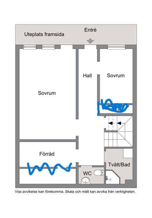 En ritning av en lägenhet med två sovrum, hall, förvaring och blåa klotter.