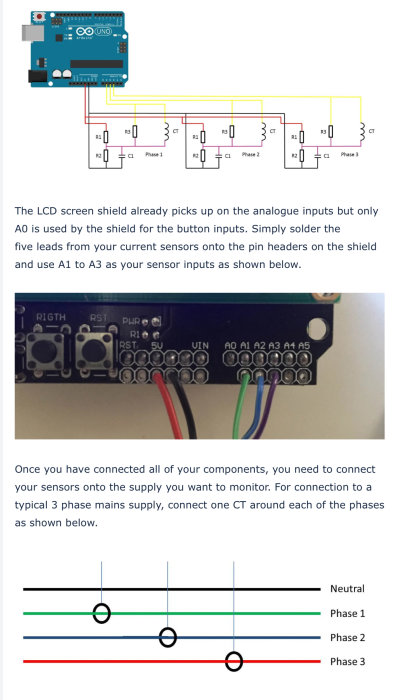 Arduino UNO med skärm, sensoranslutningsschema, trefas elkopplingsinstruktioner.