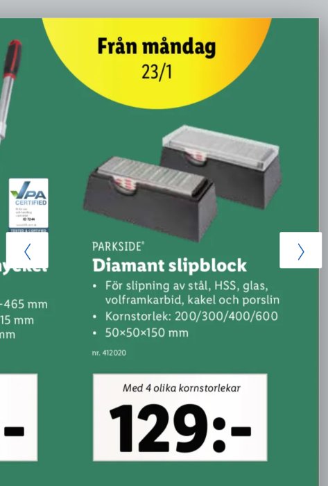 Reklam för Parkside diamanthärdade slipblock för verktyg, tillgängliga från måndag, pris 129 kronor.