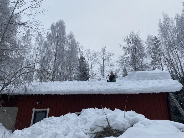 Person sitter på snötäckt hus med spade, omgiven av träd i vinterlandskap.
