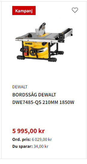 Kampanj för DeWALT bordssåg, 210mm, 1850W, prisnedsättning, röd markering, teknisk utrustning, försäljningsannons, vit bakgrund.