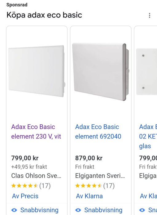 Vit elektrisk värmepanel, olika modeller, priser, butiker. Online-shopping. Reklam för Adax Eco Basic.