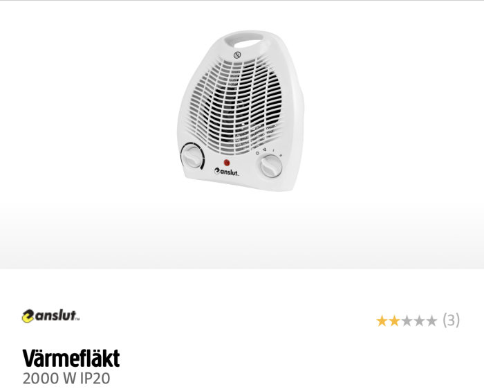 En vit elektrisk värmefläkt, 2000W, varumärket Anslut, tre recensionstjärnor, grå bakgrund.