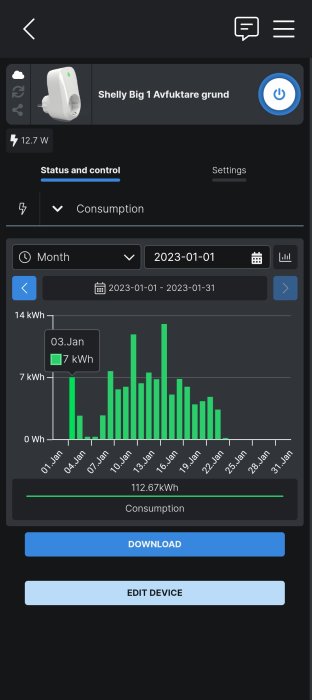 Mobilappskärm visar energiförbrukning för en smart plugg i januari med stapeldiagram och kontroller.