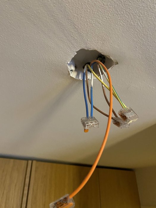 Öppet takuttag med färgglada kablar och sammanlänkade skarvdon hängande nedåt.