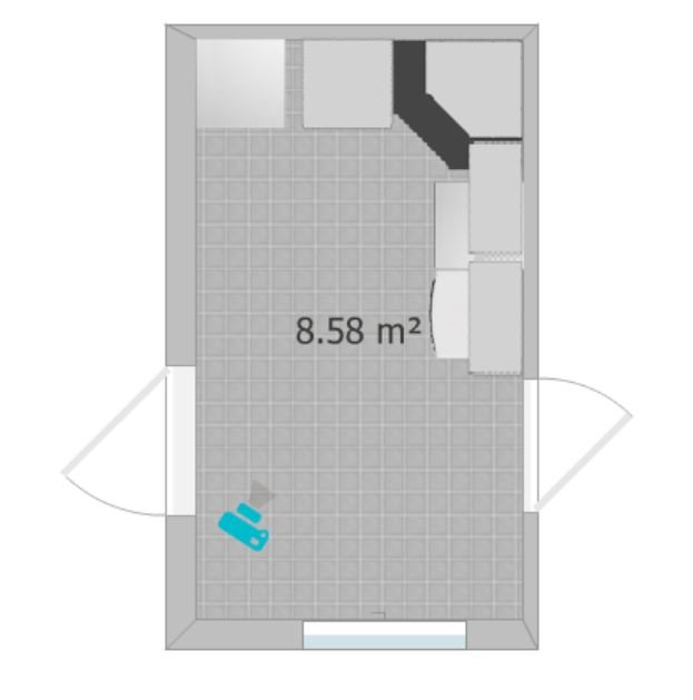 Ritning av ett litet rum, möjligt badrum, yta 8.58 kvadratmeter, med dusch, handfat och toalett.