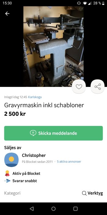 Industriell gravyrmaskin till försäljning, inklusive schabloner, på en annonssajt. Priset är angivet till 2500 kronor.