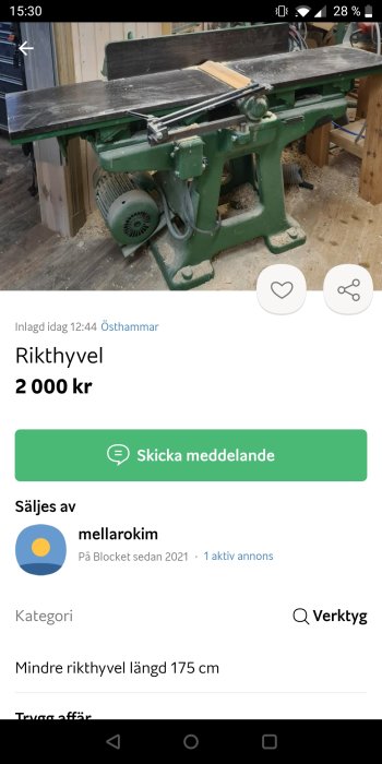 Grön rikthyvel till salu på annonsplattform för 2000 kronor, längd 175 cm.