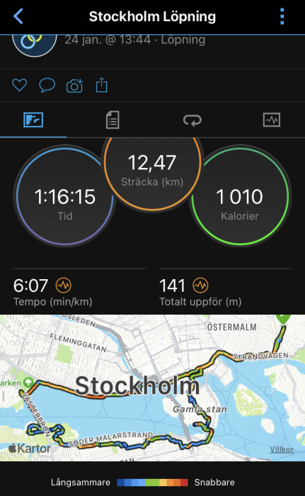 Skärmdump av löparapp som visar distans, tid, tempo, förbränning, och karta över Stockholm.