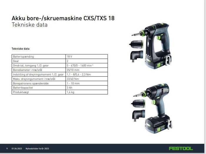 Produktblad för Festool borr/skruvdragare, specifikationer, två modeller, tillbehör, tekniska data.