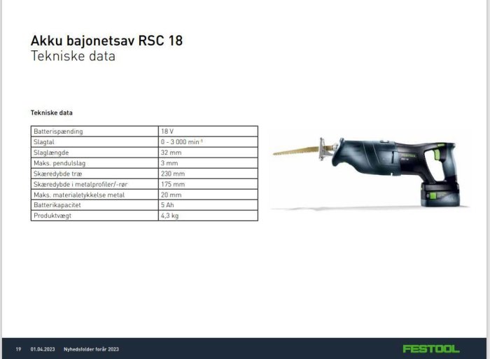 Produktdatablad för en batteridriven bajonetsåg med specifikationer, märke Festool.