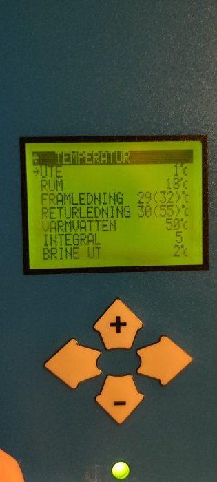 LCD-panel som visar temperaturer för olika funktioner, plus och minusknappar, belyst statusindikator, på svenska.