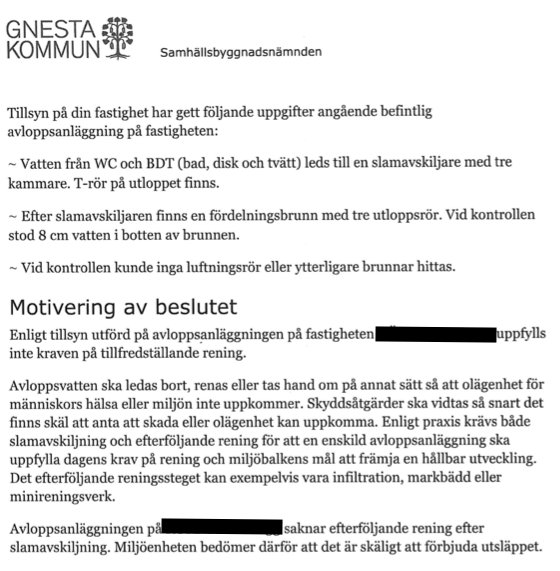 Dokument om avloppsanläggning, bristande rening, myndighetsbeslut, förbud mot utsläpp, miljöskydd.