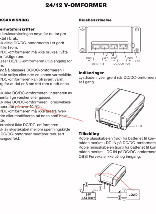 Anvisning och scheman för en 24/12 volt DC/DC-omformare på svenska, inkluderar säkerhetsföreskrifter och kopplingsguide.