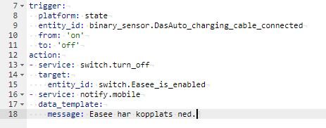 Skärmdump av kod: automation för smart hem, laddningskabel avkopplad, stänger av strömbrytare, skickar notis.