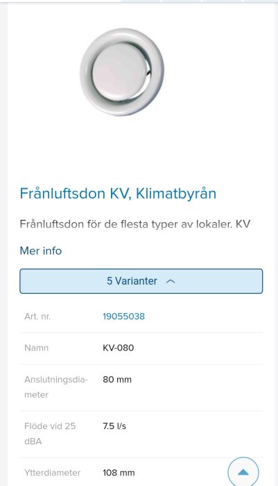 Ventilationsdon, friskluftsventil, vit, cirkulär design, teknisk information, produktnummer, mått, flödeskapacitet.