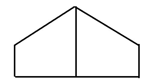 Svartvit ritning av en symmetrisk geometrisk form som liknar en husfasad eller ett enkelt tak.