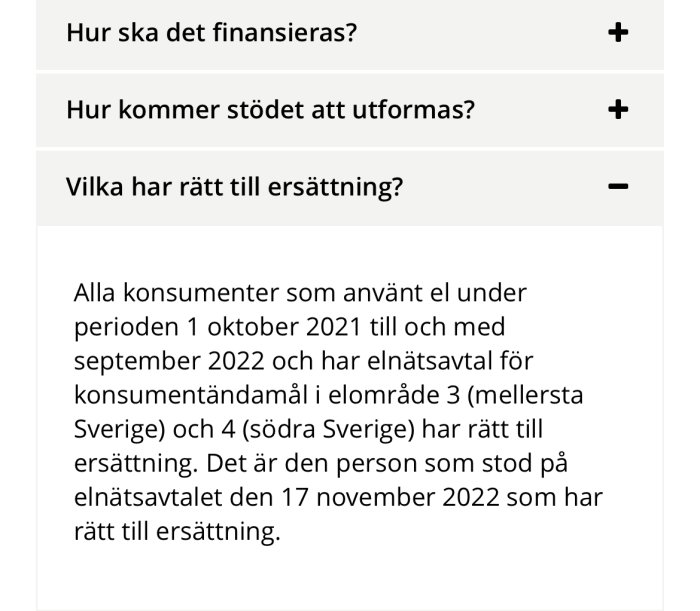 Svensk text om ersättning för elanvändning under specifik period i Sverige.