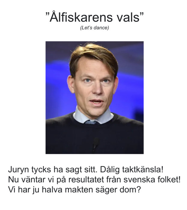 Man i kostym, allvarlig, text om dans och domarutlåtande, väntan på publikens reaktion.