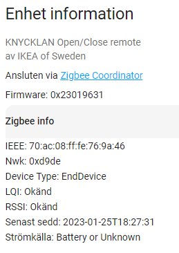 Skärmklipp med information om en smart enhet från IKEA, ansluten via Zigbee, inklusive tekniska specifikationer och status.