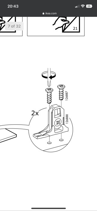 IKEA monteringsanvisning, sätt ihop möbeldel med skruvar, illustrationssida, steg-för-steg instruktion.