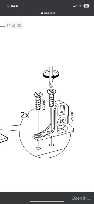 Monteringsanvisning, skruvar i hål, verktyg, IKEA instruktion, delar numrerade, skruvmejsel symbol, enkel illustration.