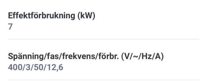 Teknisk specifikation: Effektförbrukning på 7 kW. Spänning/fas/frekvens/förbrukning: 400V, 3-fas, 50Hz, 12,6A.