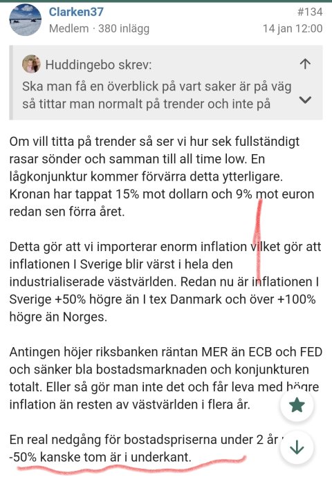 Skärmdump av forumdiskussion om ekonomiska trender, inflation, valutakurs, räntepolitik och bostadsmarknaden i Sverige.