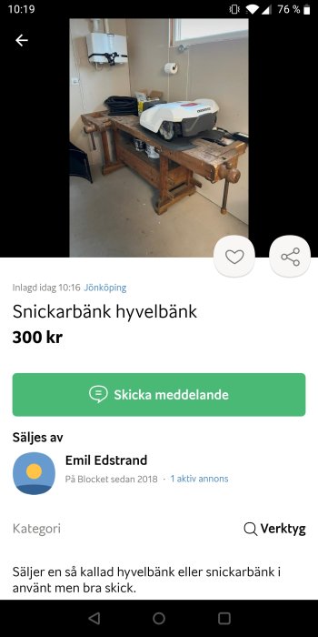 En hyvelbänk/snickarbänk till salu för 300 kr på en annonsplattform, använd men i bra skick.