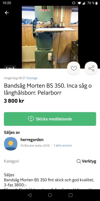 Bild på bandsåg, Morten BS 350, till salu på annonssida, verktyg i en verkstadslokalisering.