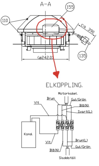 Teknisk ritning av elinstallation, kopplingsschema, detaljer, måttangivelser och ledningsfärger på svenska.