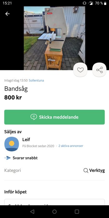 Bandsåg till salu på online-marknadsplats, INCA märke, står utomhus, begärt pris 800 kronor.