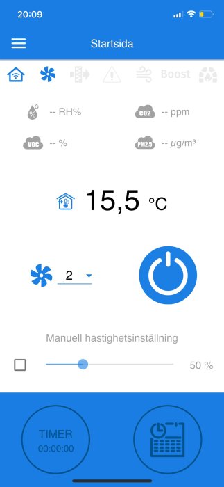 Appgränssnitt för hushållsenhet, visar temperatur och andra inställningar, saknar data för vissa parametrar.