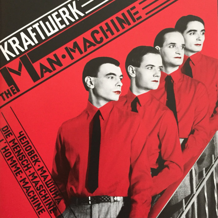 Fyra män i röda skjortor, albumomslag, Kraftwerk, svart-röd design, "The Man-Machine", stiliserat, musiktema.