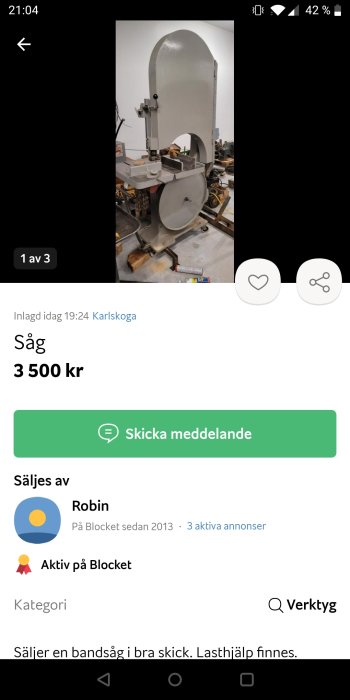 Stående bandsåg till salu på Blocket, Karlskoga, 3 500 kr, användargränssnitt synligt.