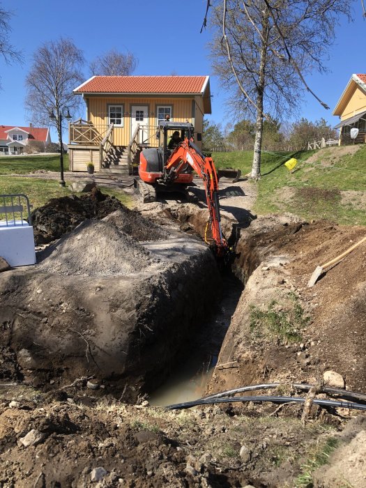 En grävmaskin vid en husgrund gräver bred dikesgrav under en klarblå himmel.