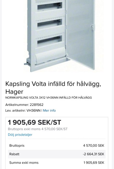 Vit elcentral, tom, öppen dörr, modellbeskrivning och prisinformation på svenska.