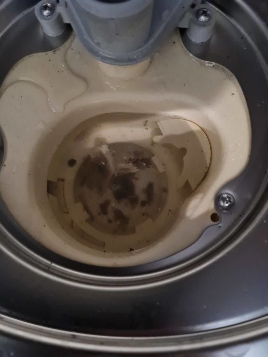 Insidan av en smutsig tvättmaskin med synliga rester och smutsvatten. Behöver rengöring.