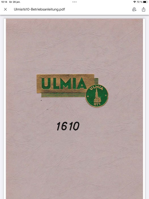 En PDF-öppningsskärm visar en fil med titeln "Ulmià1610-Betriebsanleitung", åtföljd av en logotyp och numret 1610.