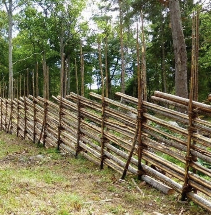 Traditionellt gärdesgård i skogskant, hantverk av träpinnar och stolpar, naturlig avgränsning, gröna träd i bakgrunden.