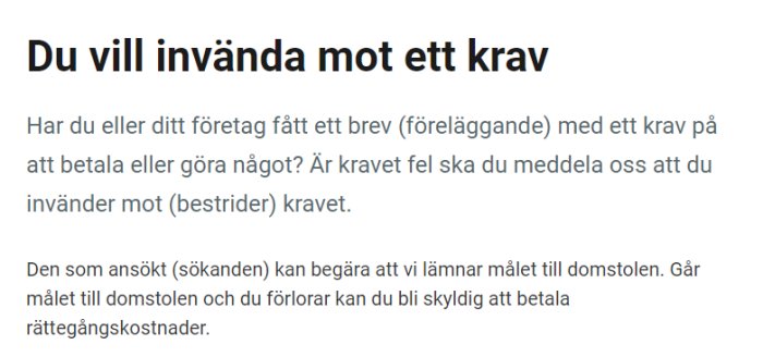 Svensk text om att invända mot ett krav, information om förfarande vid felaktiga krav.