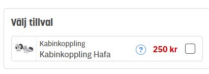 Webbsida, tillvalsfält, kabinutrustning, prisangivelse, Kabinutrustning från Hafa, frågetecken ikon, prislapp 250 kronor.