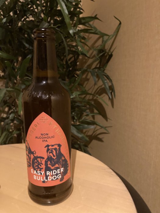 En ölflaska märkt "non-alcoholic IPA" framför en blomma på ett träbord.