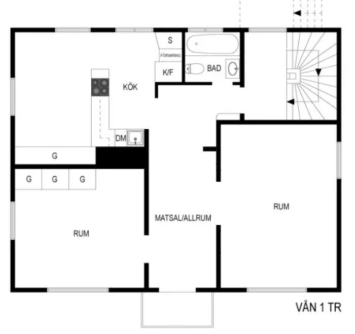 Planritning av en lägenhet med kök, vardagsrum, sovrum, badrum och matplats.