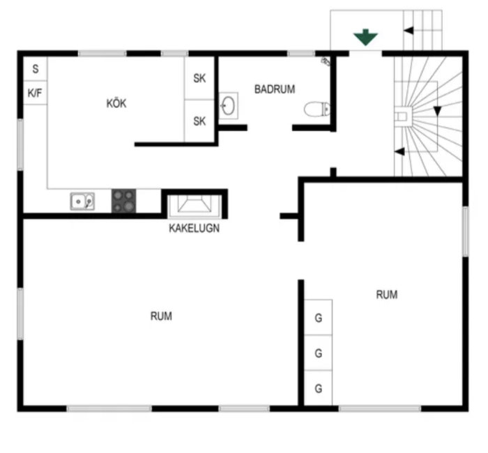 Planritning av en lägenhet med kök, badrum, två rum, kakelugn och garderober.