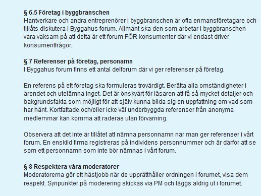 Text om forumregler för byggbranschen, diskussioner, referenser och moderering.