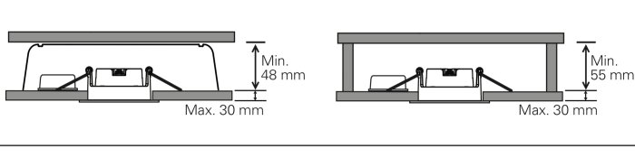 Två tekniska ritningar, profilvyer av en mekanism med måttangivelser, möjligen för en möbeldel eller beslag.