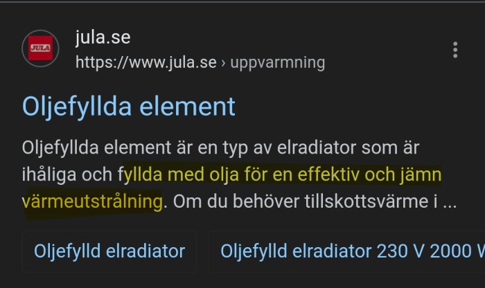 Webbsökresultat om oljefyllda element från jula.se, effektiv och jämn värmeutstrålning.