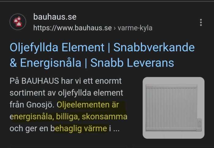 Webbsida för Bauhaus som marknadsför oljefyllda element, energisnåla, med snabb leverans. Element avbildat.